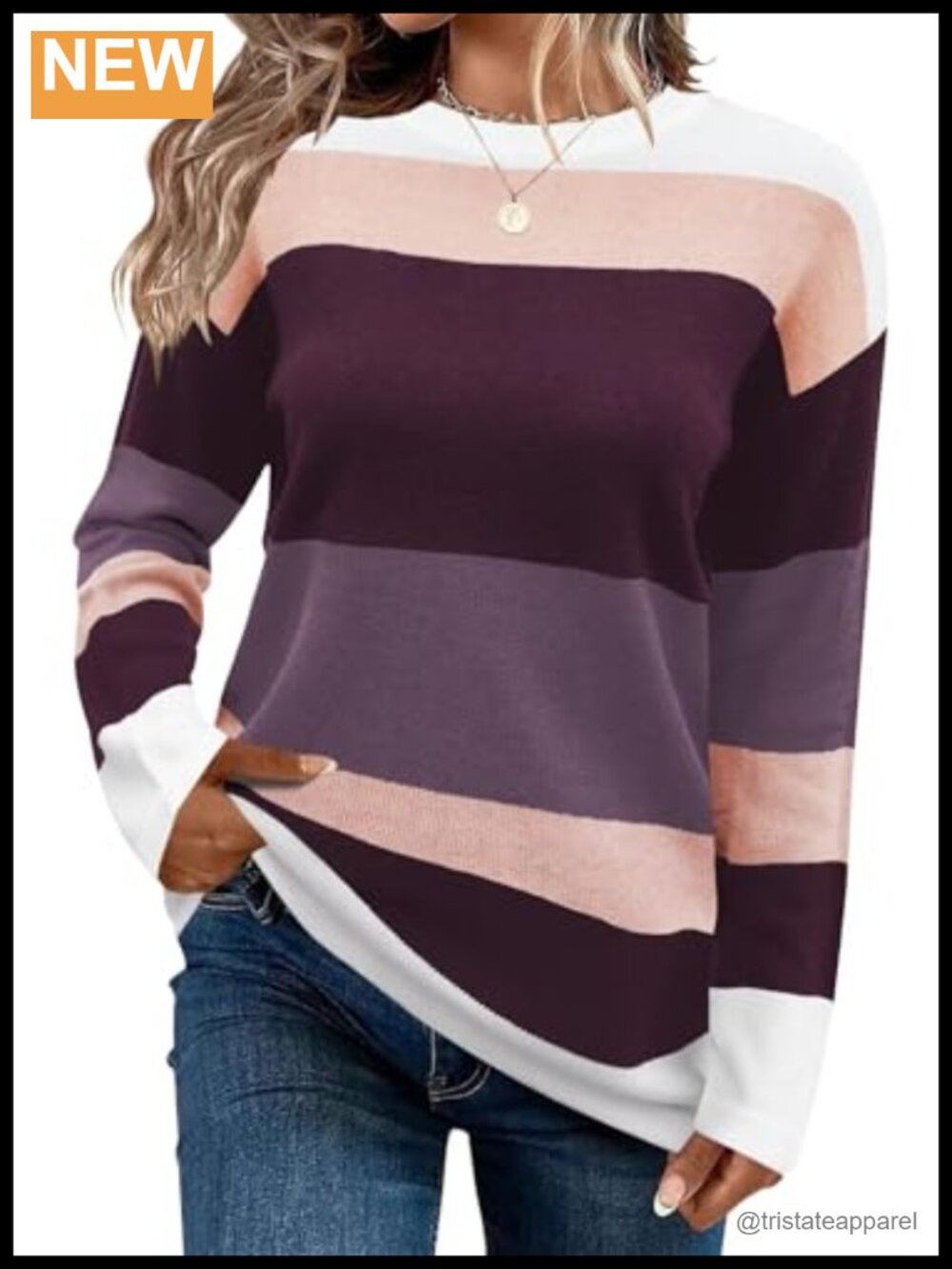 Womens Striped Knit Sweater Crew Neck Long Sleeve Pullover Top
